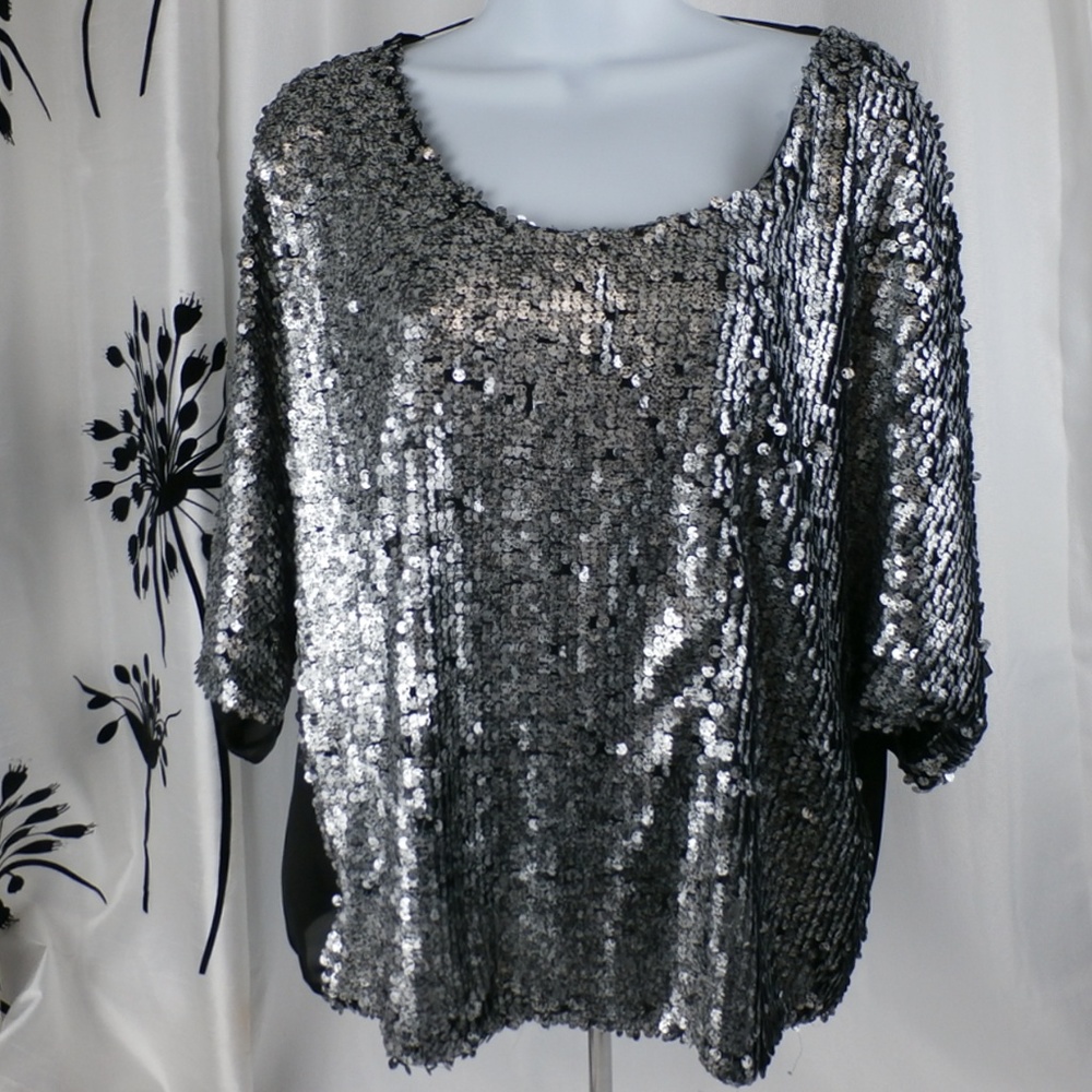 Sweet Rain Dolman sleeve sequin sheer back L NWT